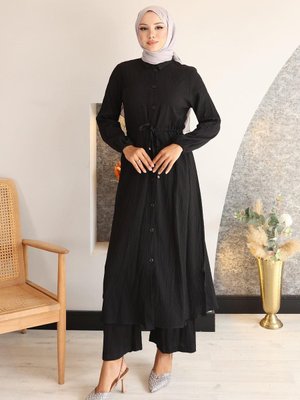 Siyah Yırtmaç Detaylı Uzun İkili Takım