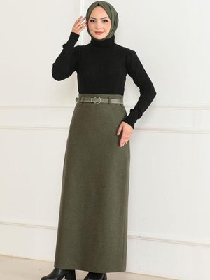 Haki Uzun Kemerli Kaşe Kalem Etek