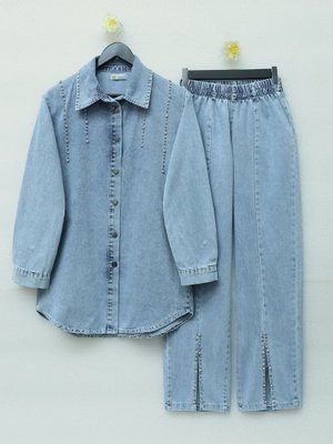 Buz Mavi Paçası Yırtmaçlı Taş Detaylı İkili Kot Takım