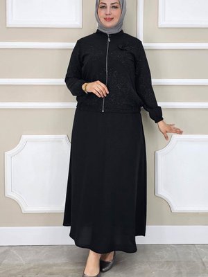 Siyah Taş Detaylı Simli İkili Takım