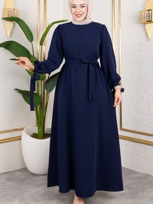 Lacivert Manşeti Bağcıklı Elbise