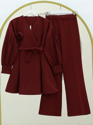 Bordo Çapraz Yaka Gül Detaylı Kemerli İkili Takım