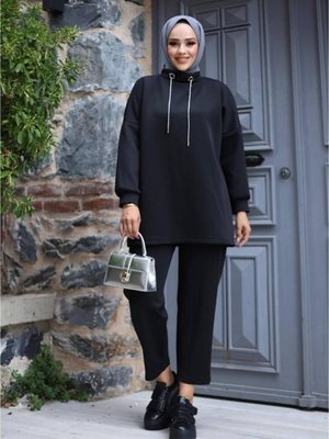 Siyah Scuba Kumaş Bağcık Detaylı Kışlık İkili Takım