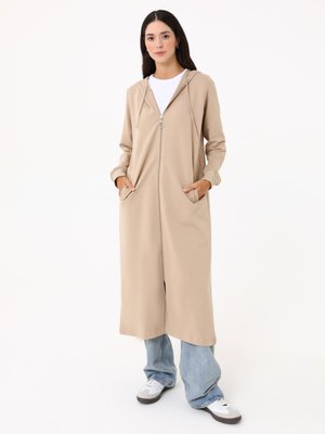 Taş Rengi Fermuarlı Kapüşonlu Uzun Spor Kap Taş Rengi Fermuarlı Kapüşonlu Uzun Spor Kap