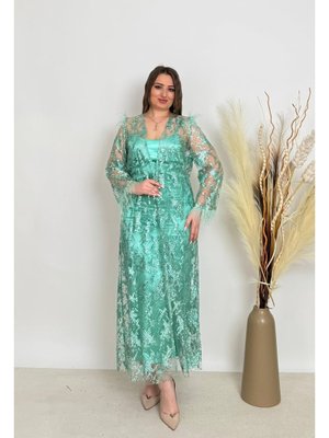 Yeşil Kadın Kimono Ve Elbiseli Abiye Li Takım