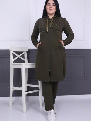 Haki Battal Taş Detaylı Kapüşonlu Fermuarlı Eşofman Takım