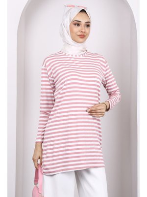 Pudra Çizgili Uzun Kol Tunik Pudra Çizgili Uzun Kol Tunik