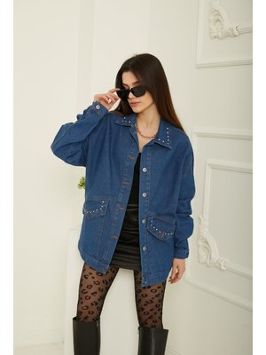 Kot Rengi Taş Detaylı Oversize Denim Ceket