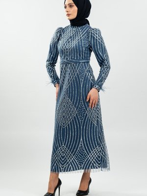 İndigo Simli Tüy Detaylı Abiye Elbise