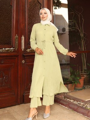 Mint Yeşili Yırtmaç Detaylı Uzun İkili Takım