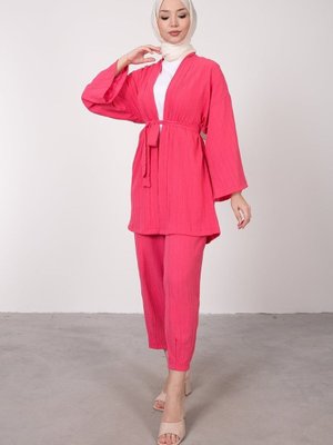 Pembe Kuşaklı Pantolonlu İkili Takım