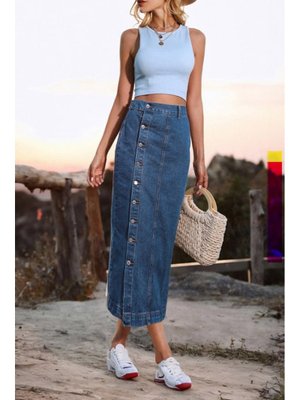 Koyu Mavi Düğmeli Kot Etek