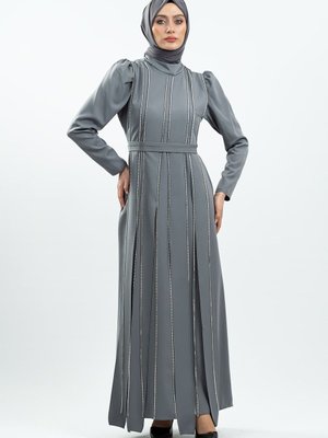 Gri Taş Detaylı Abiye Elbise Gri Taş Detaylı Abiye Elbise