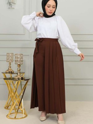 Kahverengi Uzun Piliseli Pantolon Etek Kahverengi Uzun Piliseli Pantolon Etek