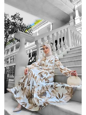 Bej Rüya Desenli Elbise