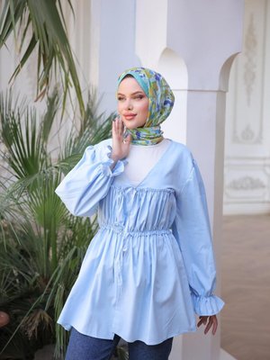 Mavi Beli Büzgülü Lastikli Kimono Tunik Mavi Beli Büzgülü Lastikli Kimono Tunik