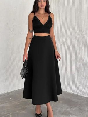 Siyah Uzun Scuba Kumaş Etek