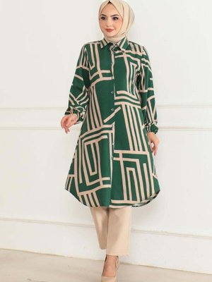Zümrüt Yeşili Geometrik Desen Viskon Tunik