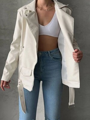 Beyaz Oversize Cep Detay Kemerli Deri Mont Beyaz Oversize Cep Detay Kemerli Deri Mont