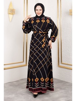 Siyah Baklava Desenli Çiçekli Viskon Elbise