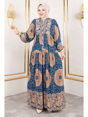 İndigo Varak Desenli Viskon Elbise