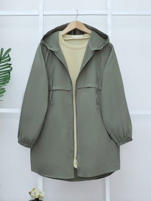 Haki Fermuarlı Kapüşonlu Araboy Yağmurluk Trençkot