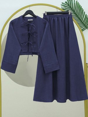 Laci Önü Bağcıklı Beli Lastikli Etekli Keten Takım