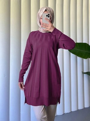 Mürdüm Yırtmaçlı Yelpaze Desenli Triko Tunik