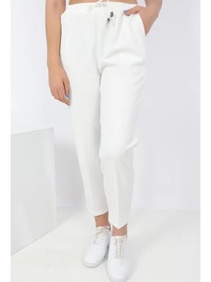 Beyaz Zülal Beli Lastikli Cepli Pantolon