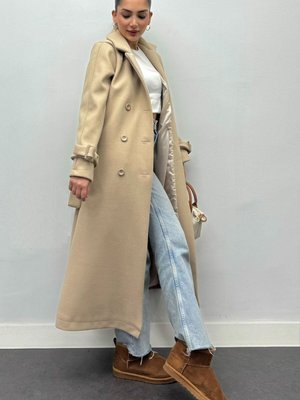 Krem Kaşmir Kaşe Kumaş Astarlı Uzun Toka Detaylı Kışlık Kalın Boy:120cm Kaban Krem Kaşmir Kaşe Kumaş Astarlı Uzun Toka Detaylı Kışlık Kalın Boy:120cm Kaban