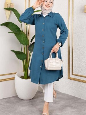 Petrol Mavisi Manşeti Lastikli Viskon Tunik