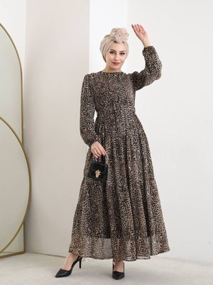 Siyah Şifon Desenli Bisiklet Yaka Elbise