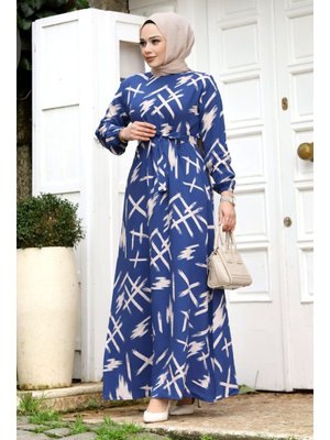 Mavi Fırça Desenli Beli Kuşaklı Elbise