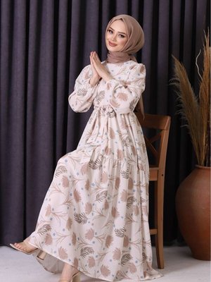 Bej Desenli Elbise