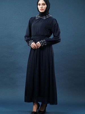 Lacivert İnci Detaylı Elbise