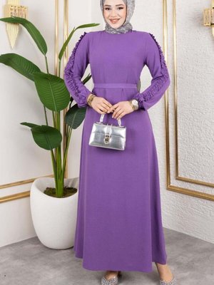 Lila Kolları Fırfır Detaylı Elbise