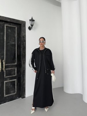 Siyah Oversize Kalıp Etek Ucu Yırtmaç Detaylı Elbise Ve Fermuar Kapamalı Cepli Lastikli Sweat Pamuklu Örme Takım Siyah Oversize Kalıp Etek Ucu Yırtmaç Detaylı Elbise Ve Fermuar Kapamalı Cepli Lastikli Sweat Pamuklu Örme Takım