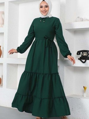 Zümrüt Yeşili Yakası Bağcıklı Patlı Elbise