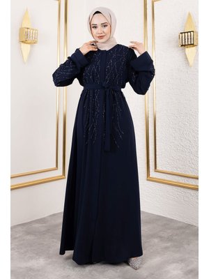 Lacivert Gizli Fermuarlı Taş Detaylı Abaya Lacivert Gizli Fermuarlı Taş Detaylı Abaya
