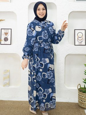 İndigo Çiçek Desenli Elbise