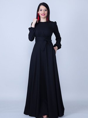 Siyah Uzun Yuvarlak Yaka Kol Dokuma Kumaş Beli Büzgülü Kuşaklı Abiye Elbise Siyah Uzun Yuvarlak Yaka Kol Dokuma Kumaş Beli Büzgülü Kuşaklı Abiye Elbise