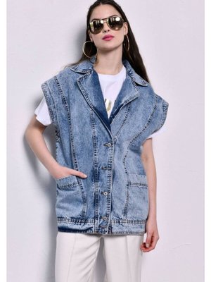 Kot Mavi Kruvaze Yakalı Oversize Yelek