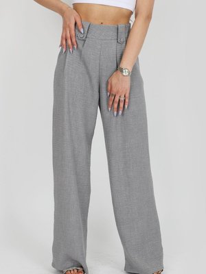 Gri Apoletli Keten Palazzo Pantolon