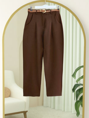 Kahve Pileli Cepli Kemerli Bilek Pantolon
