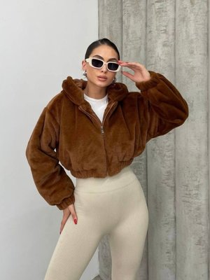 Kahve Peluş Oversize Crop Kapüşonlu Mont