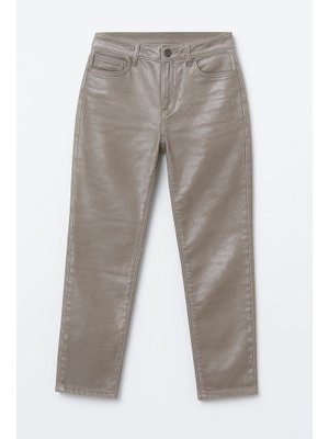 Yüksek Bel Parlak Mum Kumaş Straight Fit Jean Pantolon Taş