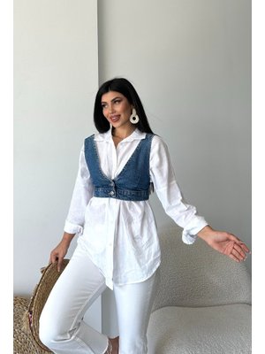 Koyu Mavi Kot Büstiyer Kısa Crop Düğmeli