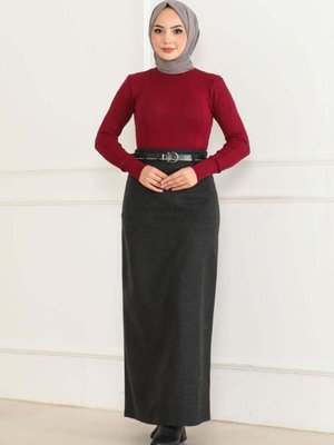 Antrasit Uzun Kemerli Kaşe Kalem Etek