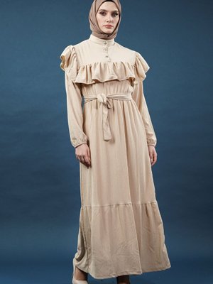 Krem Fırfırlı Elbise