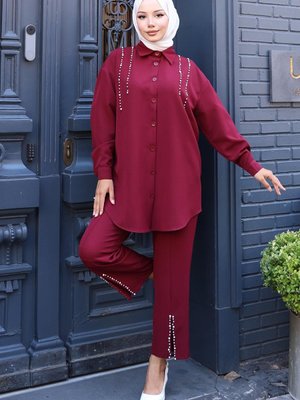 Bordo İnci Detaylı İkili Takım